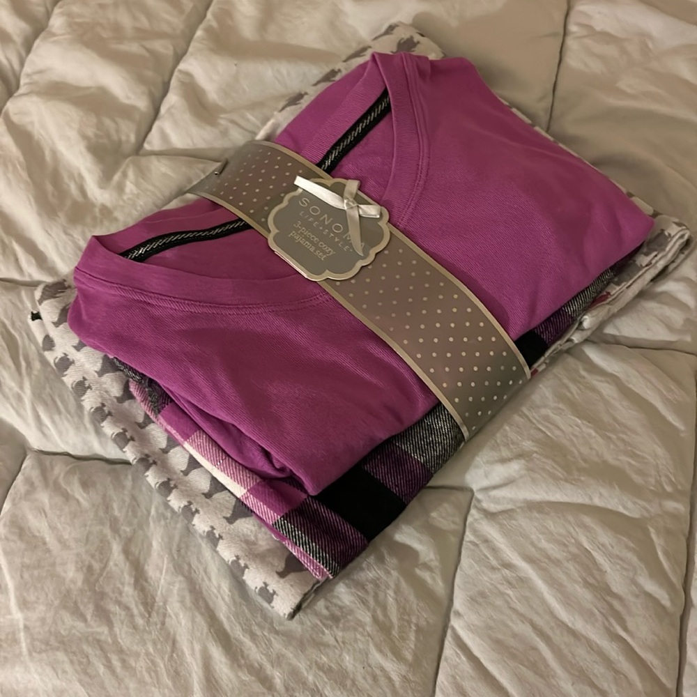 3-piece pajama set. Purple long sleeve top, plaid shorts, penguin print pants